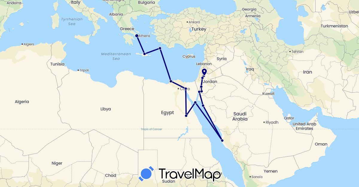 TravelMap itinerary: driving in Egypt, Greece, Jordan, Saudi Arabia (Africa, Asia, Europe)